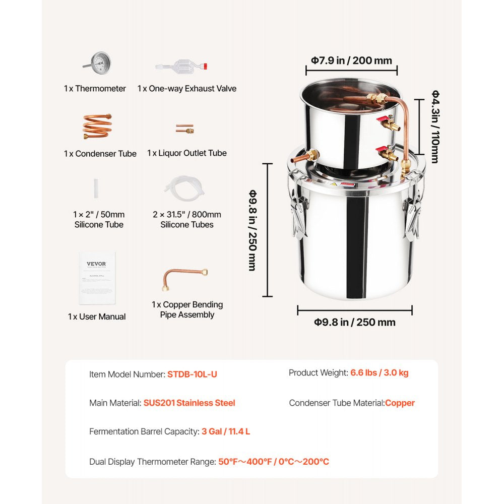 VEVOR Alcohol Still, 3 Gal / 11.4 L Stainless Steel Water Alcohol Distiller with Copper Coil, Home Brewing Refining Fermentation Kit with Thermometer, for Wine Whisky Brandy, Silver