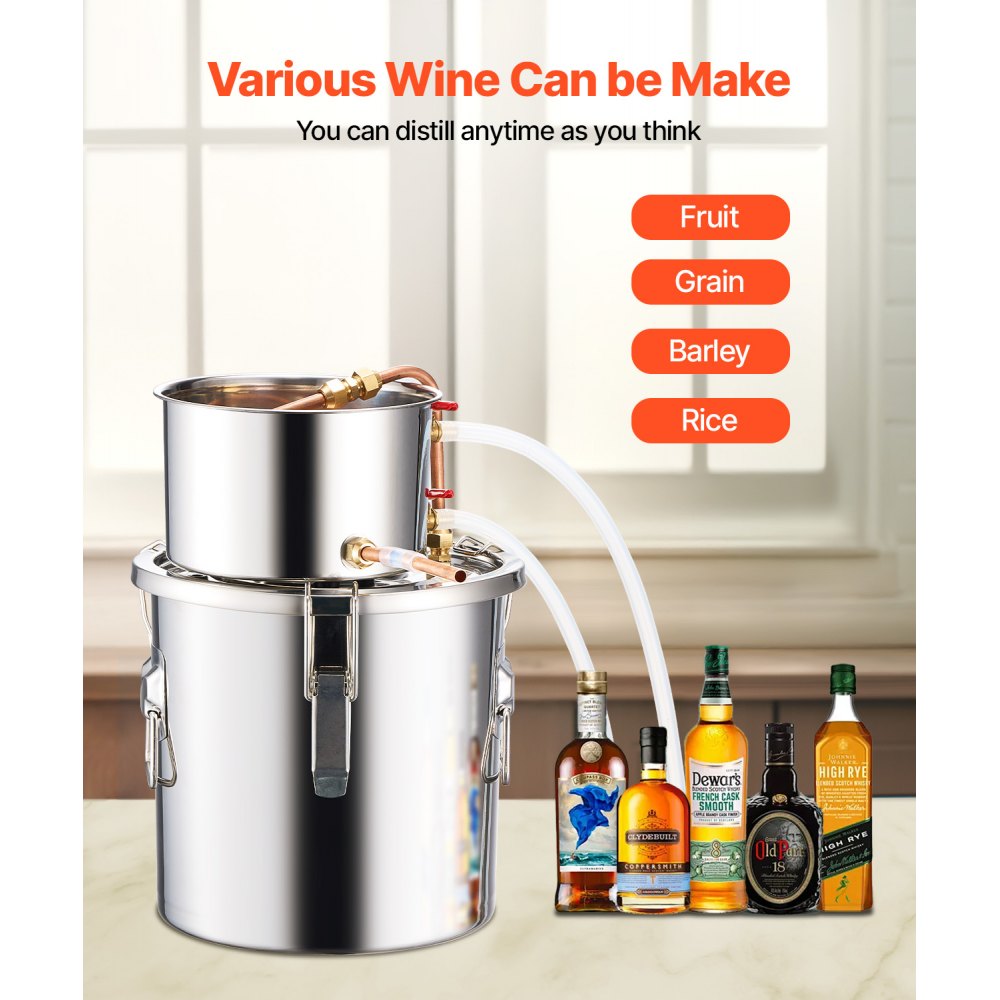 VEVOR Alcohol Still, 3 Gal / 11.4 L Stainless Steel Water Alcohol Distiller with Copper Coil, Home Brewing Refining Fermentation Kit with Thermometer & Pump, for Wine Whisky Brandy, Silver
