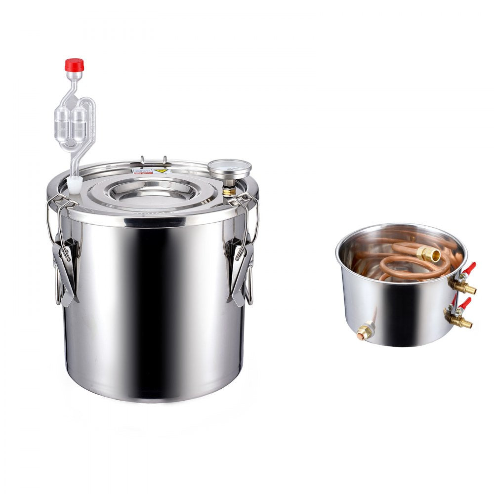 VEVOR Alcohol Still, 3 Gal / 11.4 L Stainless Steel Water Alcohol Distiller with Copper Coil, Home Brewing Refining Fermentation Kit with Thermometer & Pump, for Wine Whisky Brandy, Silver