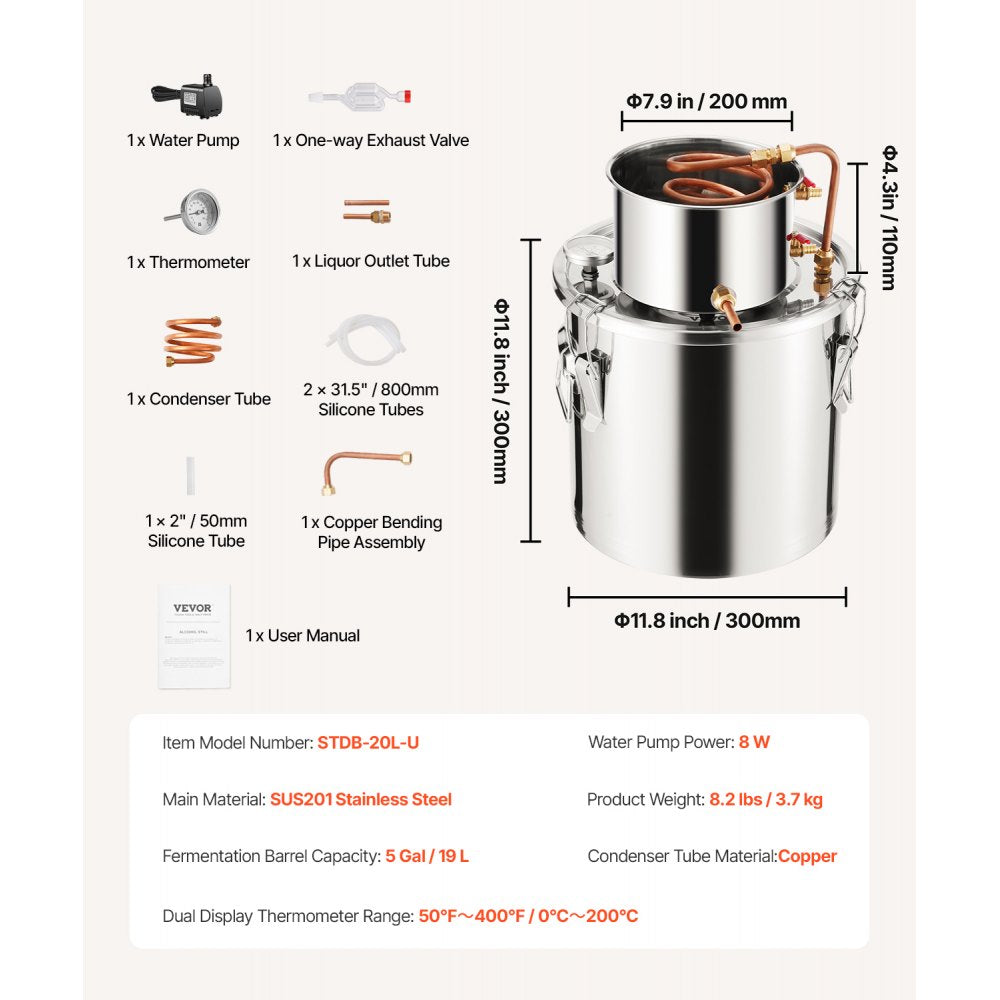 VEVOR Alcohol Still, 5 Gal / 19 L Stainless Steel Water Alcohol Distiller with Copper Coil, Home Brewing Refining Fermentation Kit with Thermometer & Pump, for Wine Whisky Brandy, Silver