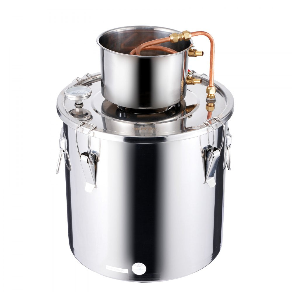 VEVOR Alcohol Still, 8 Gal / 30 L Stainless Steel Water Alcohol Distiller with Copper Coil, Home Brewing Refining Fermentation Kit with Thermometer & Pump, for Wine Whisky Brandy, Silver