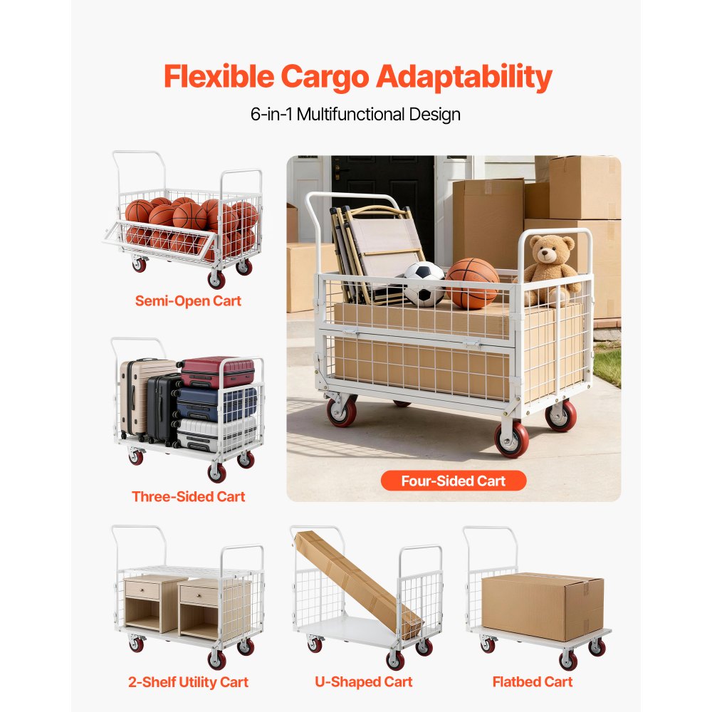 VEVOR Platform Truck Cart with Cage, 2000 lbs Capacity, 6-in-1 Foldable Flatbed Cart with Swivel Wheels, Heavy Duty Hand Truck, Multi-Functional Push Dolly, for Grocery Laundry, 44.5 x 26.6 x 42.1 in