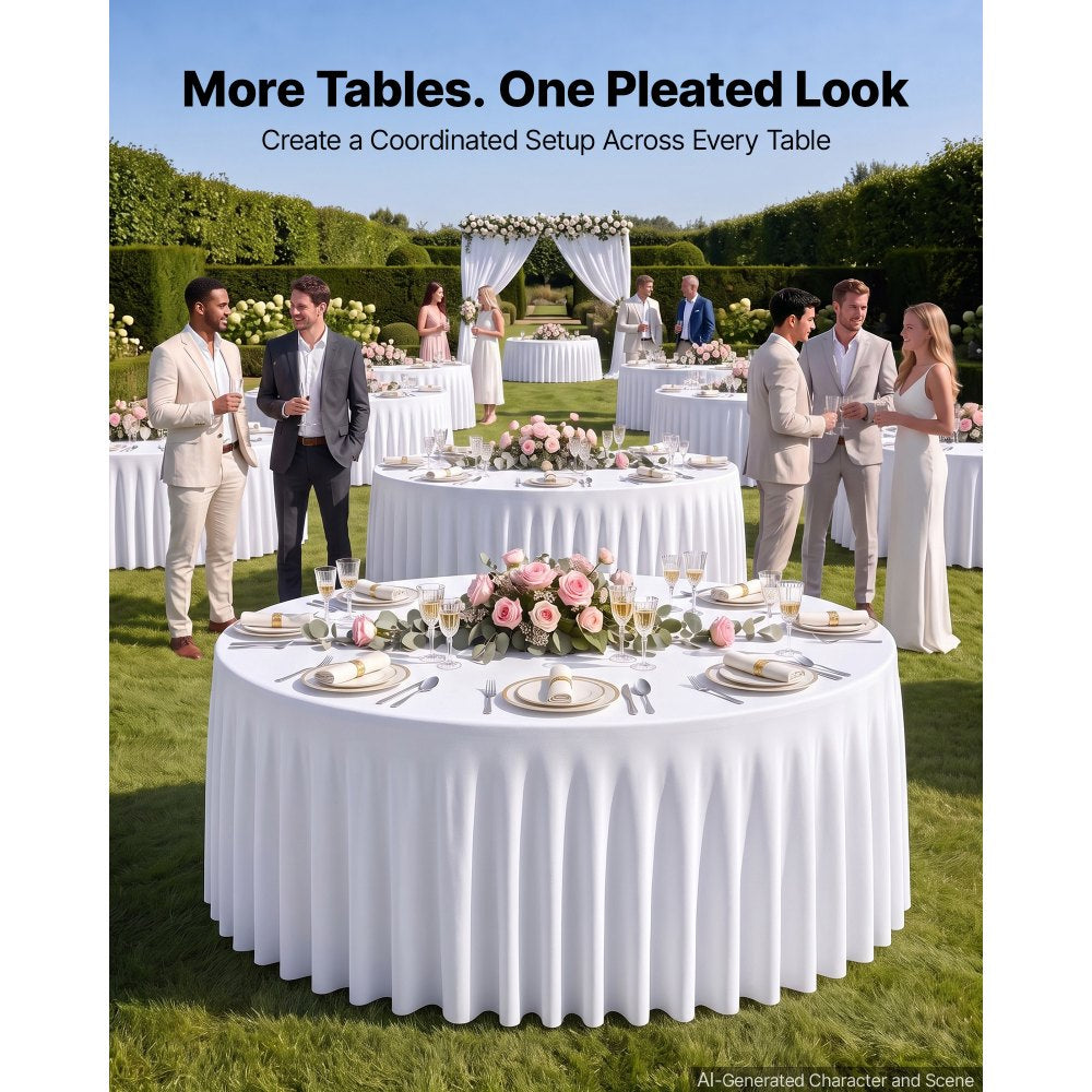 VEVOR Spandex Tablecloth with Skirt, 60-in Round Table Covers 6 Pack, White, for Party Wedding Banquet Festival, Washable, Reusable, One-Piece, Tight, Fitted Table Cloth with Pleated Skirt