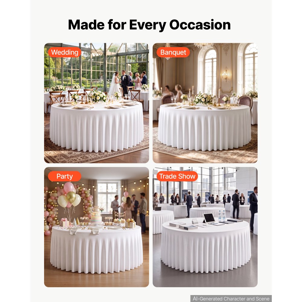 VEVOR Spandex Tablecloth with Skirt, 60-in Round Table Covers 6 Pack, White, for Party Wedding Banquet Festival, Washable, Reusable, One-Piece, Tight, Fitted Table Cloth with Pleated Skirt