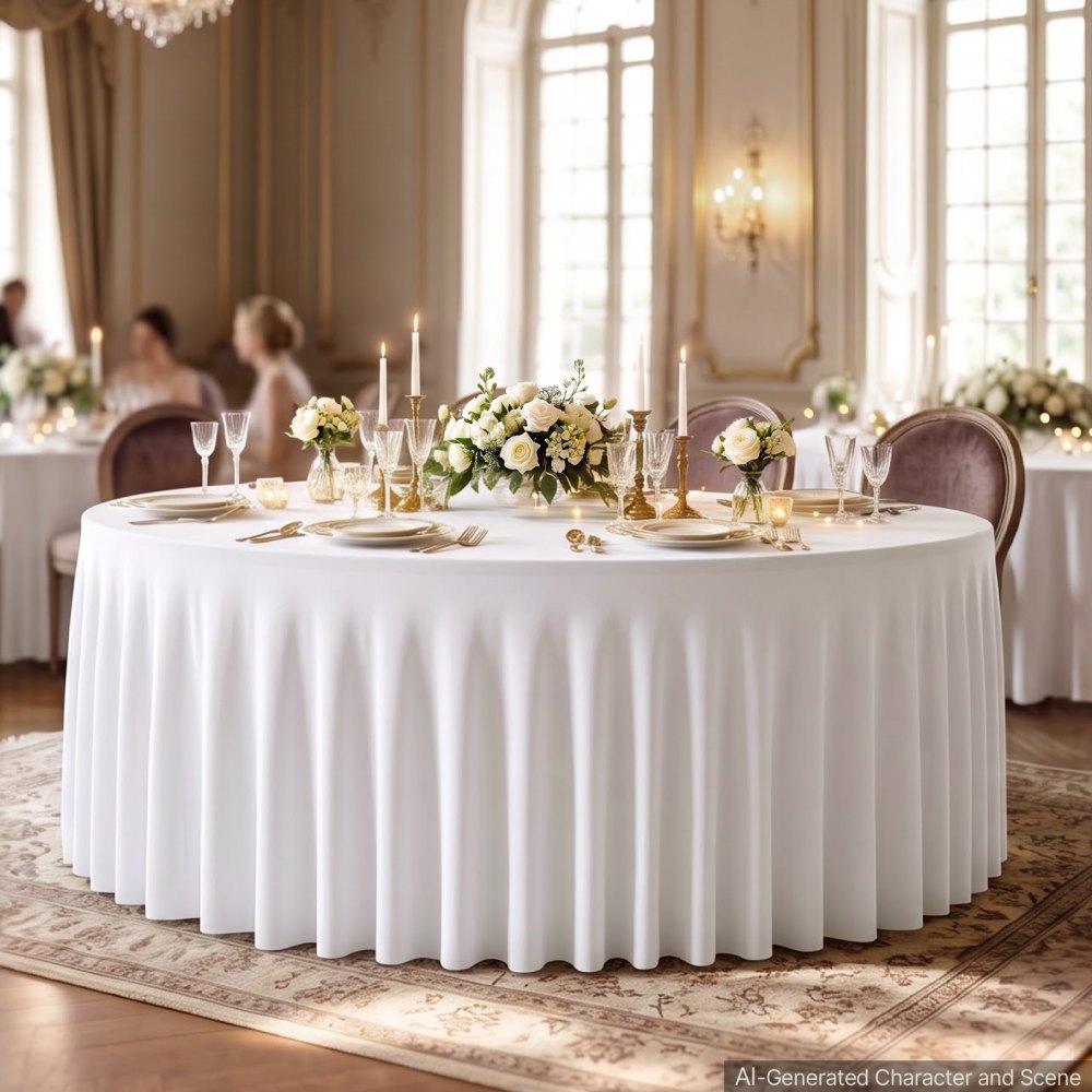 VEVOR Spandex Tablecloth with Skirt, 60-in Round Table Covers 6 Pack, White, for Party Wedding Banquet Festival, Washable, Reusable, One-Piece, Tight, Fitted Table Cloth with Pleated Skirt
