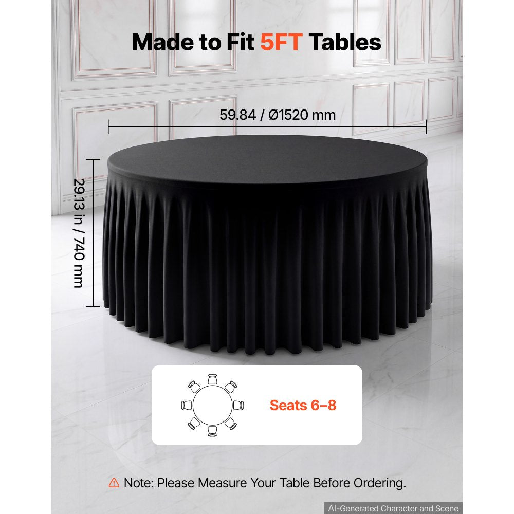 VEVOR Spandex Tablecloth with Skirt, 60-in Round Table Covers 6 Pack, Black, for Party Wedding Banquet Festival, Washable, Reusable, One-Piece, Tight, Fitted Table Cloth with Pleated Skirt