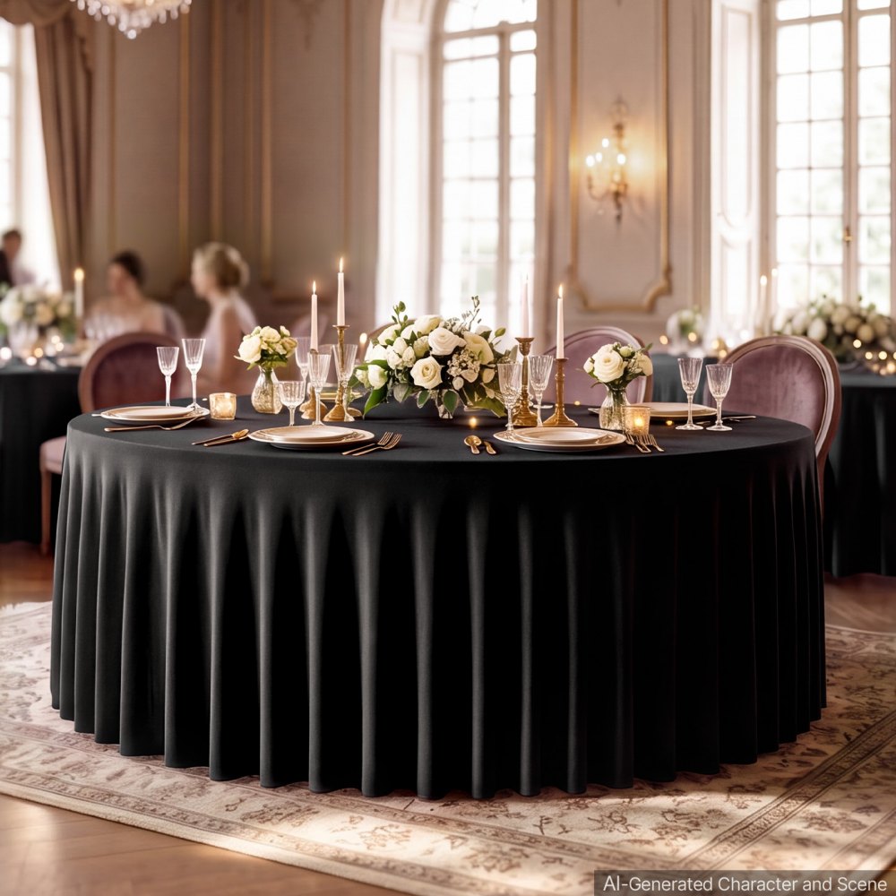 VEVOR Spandex Tablecloth with Skirt, 60-in Round Table Covers 6 Pack, Black, for Party Wedding Banquet Festival, Washable, Reusable, One-Piece, Tight, Fitted Table Cloth with Pleated Skirt
