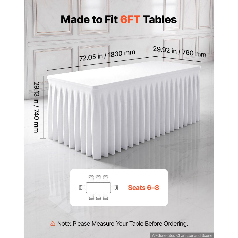 VEVOR Spandex Tablecloth with Skirt, 6 ft Rectangular Covers, 2 Pack, White, for Party Wedding Banquet Festival, Washable, Reusable, One-Piece, Tight, Fitted Table Cloth with Pleated Skirt