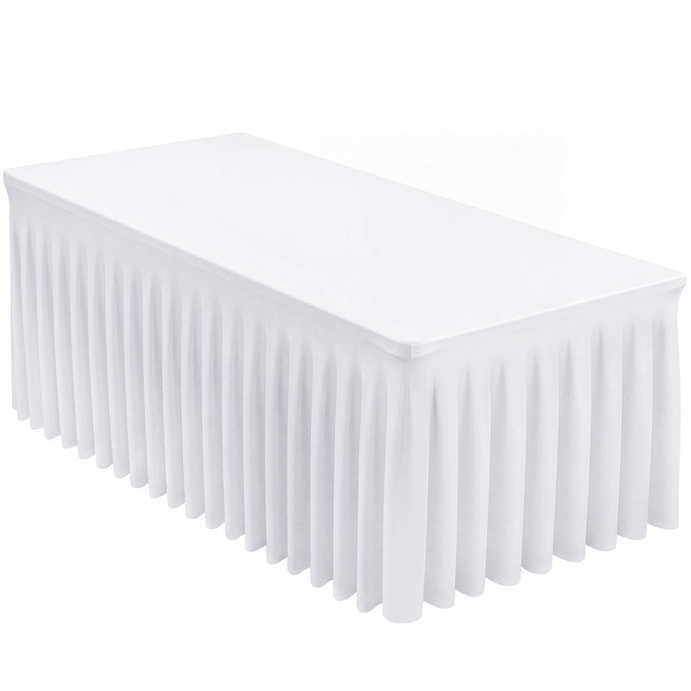 VEVOR Spandex Tablecloth with Skirt, 6 ft Rectangular Covers, 2 Pack, White, for Party Wedding Banquet Festival, Washable, Reusable, One-Piece, Tight, Fitted Table Cloth with Pleated Skirt
