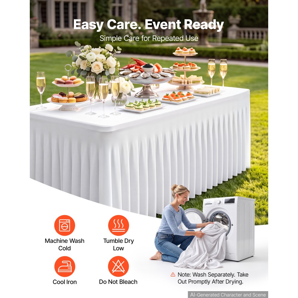 VEVOR Spandex Tablecloth with Skirt, 6 ft Rectangular Covers, 6 Pack, White, for Party Wedding Banquet Festival, Washable, Reusable, One-Piece, Tight, Fitted Table Cloth with Pleated Skirt