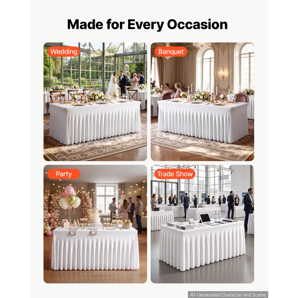VEVOR Spandex Tablecloth with Skirt, 6 ft Rectangular Covers, 6 Pack, White, for Party Wedding Banquet Festival, Washable, Reusable, One-Piece, Tight, Fitted Table Cloth with Pleated Skirt