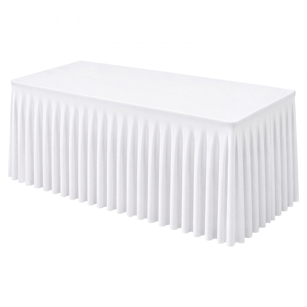 VEVOR Spandex Tablecloth with Skirt, 6 ft Rectangular Covers, 6 Pack, White, for Party Wedding Banquet Festival, Washable, Reusable, One-Piece, Tight, Fitted Table Cloth with Pleated Skirt