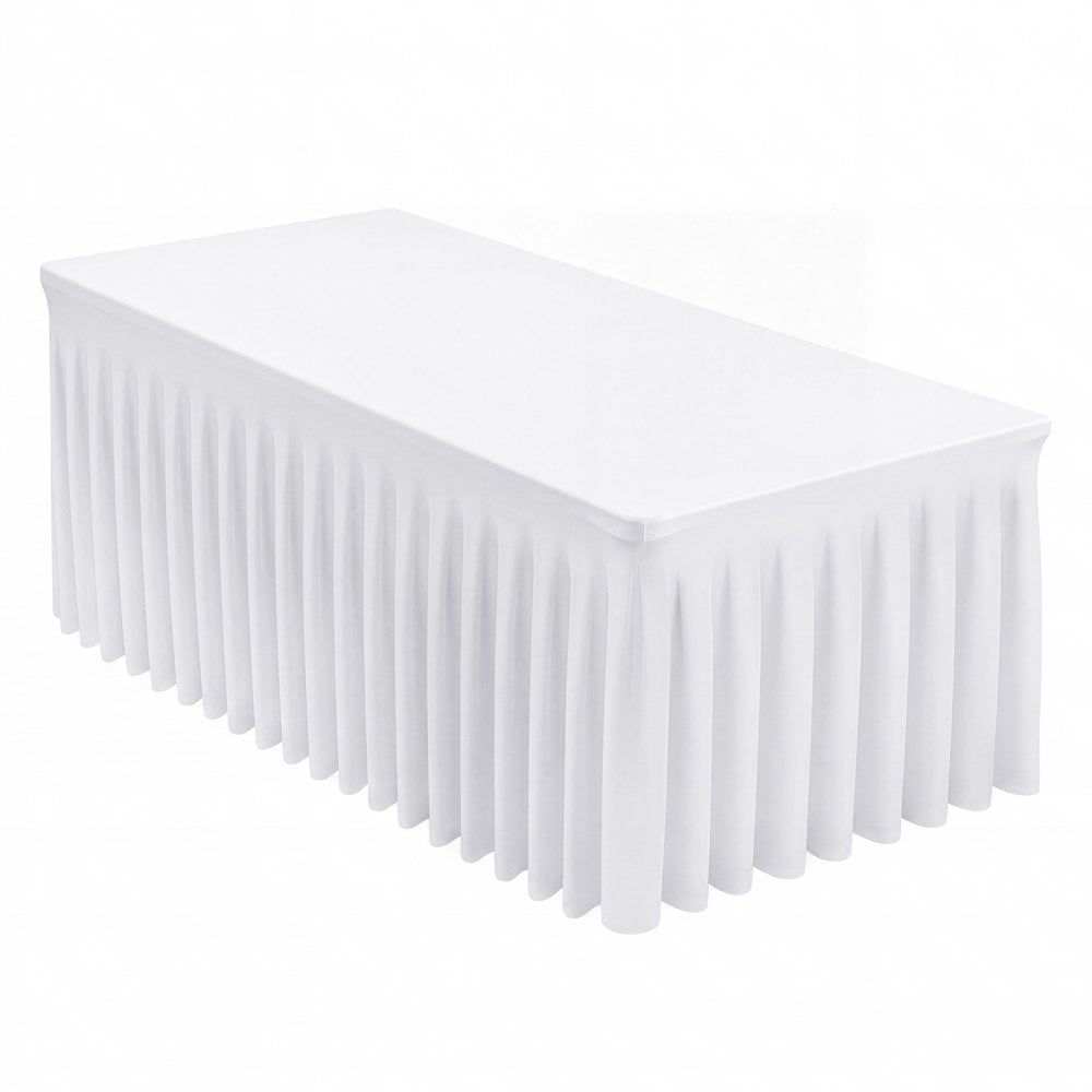 VEVOR Spandex Tablecloth with Skirt, 6 ft Rectangular Covers, 6 Pack, White, for Party Wedding Banquet Festival, Washable, Reusable, One-Piece, Tight, Fitted Table Cloth with Pleated Skirt