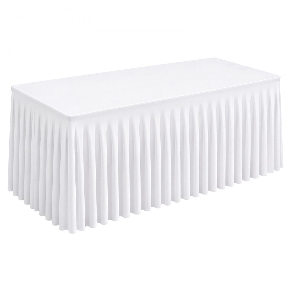 VEVOR Spandex Tablecloth with Skirt, 6 ft Rectangular Covers, 6 Pack, White, for Party Wedding Banquet Festival, Washable, Reusable, One-Piece, Tight, Fitted Table Cloth with Pleated Skirt