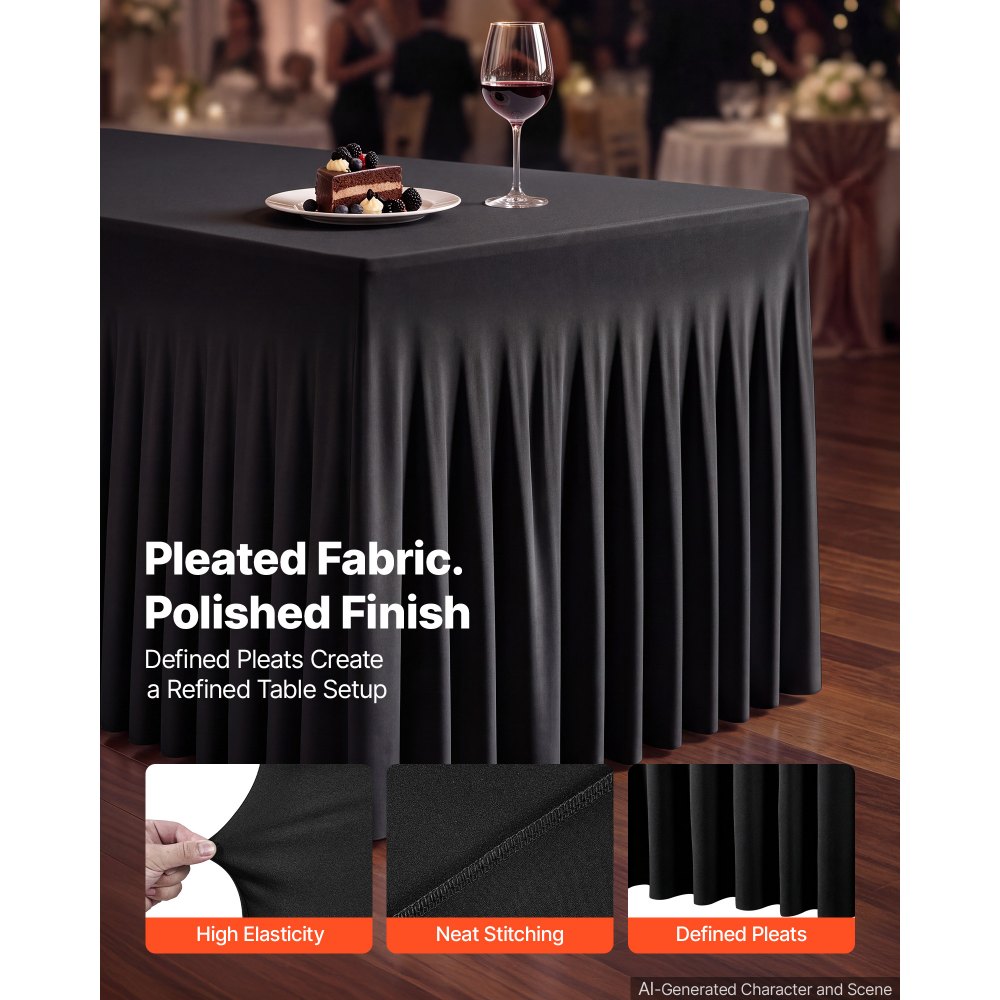 VEVOR Spandex Tablecloth with Skirt, 6 ft Rectangular Covers, 2 Pack, Black, for Party Wedding Banquet Festival, Washable, Reusable, One-Piece, Tight, Fitted Table Cloth with Pleated Skirt