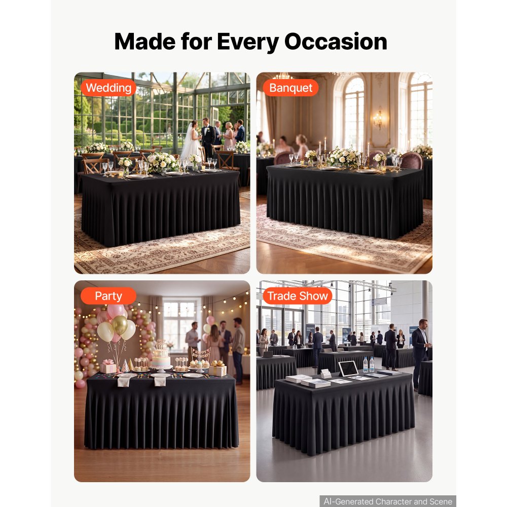 VEVOR Spandex Tablecloth with Skirt, 6 ft Rectangular Covers, 2 Pack, Black, for Party Wedding Banquet Festival, Washable, Reusable, One-Piece, Tight, Fitted Table Cloth with Pleated Skirt