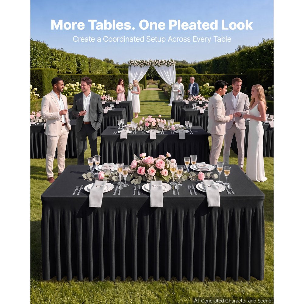 VEVOR Spandex Tablecloth with Skirt, 6 ft Rectangular Covers, 6 Pack, Black, for Party Wedding Banquet Festival, Washable, Reusable, One-Piece, Tight, Fitted Table Cloth with Pleated Skirt