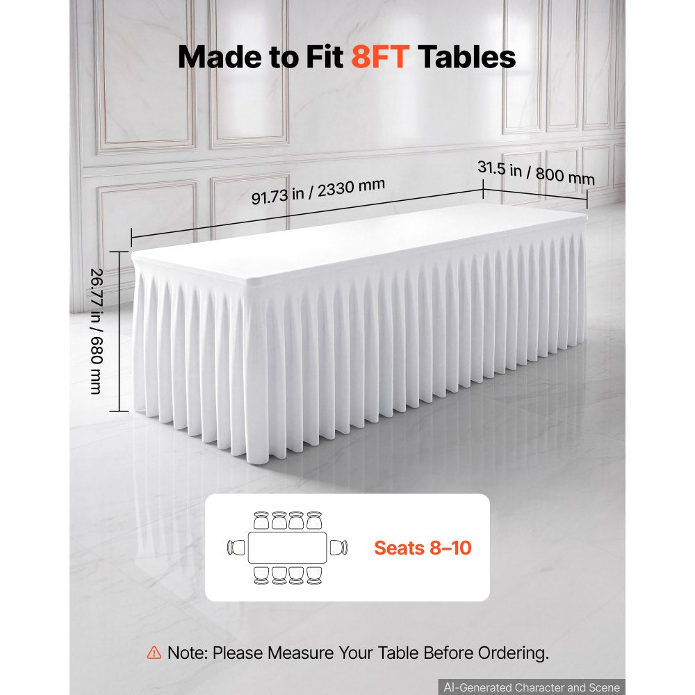 VEVOR Spandex Tablecloth with Skirt, 8 ft Rectangular Covers, 6 Pack, White, for Party Wedding Banquet Festival, Washable, Reusable, One-Piece, Tight, Fitted Table Cloth with Pleated Skirt
