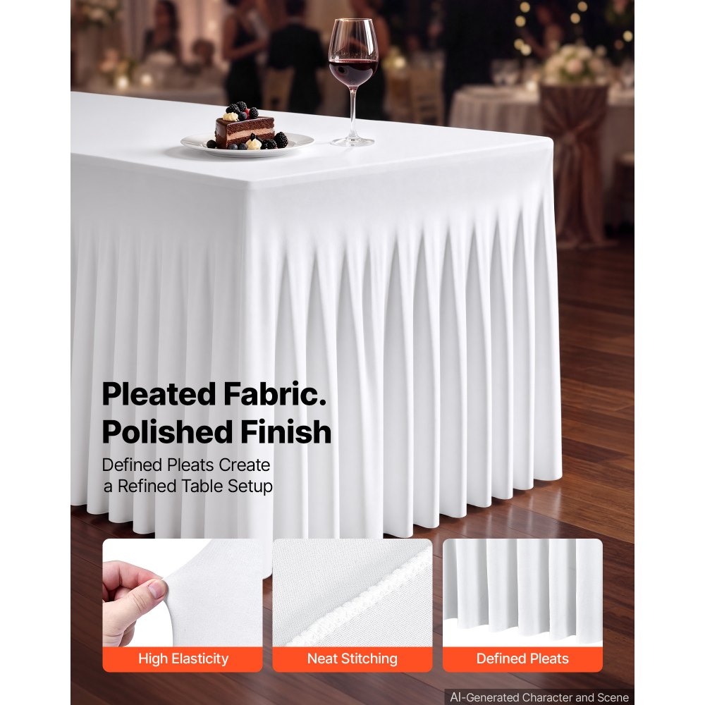 VEVOR Spandex Tablecloth with Skirt, 8 ft Rectangular Covers, 6 Pack, White, for Party Wedding Banquet Festival, Washable, Reusable, One-Piece, Tight, Fitted Table Cloth with Pleated Skirt