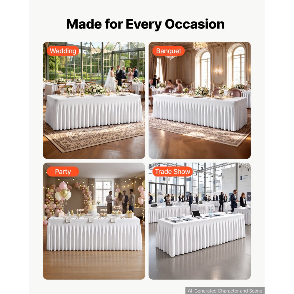 VEVOR Spandex Tablecloth with Skirt, 8 ft Rectangular Covers, 6 Pack, White, for Party Wedding Banquet Festival, Washable, Reusable, One-Piece, Tight, Fitted Table Cloth with Pleated Skirt