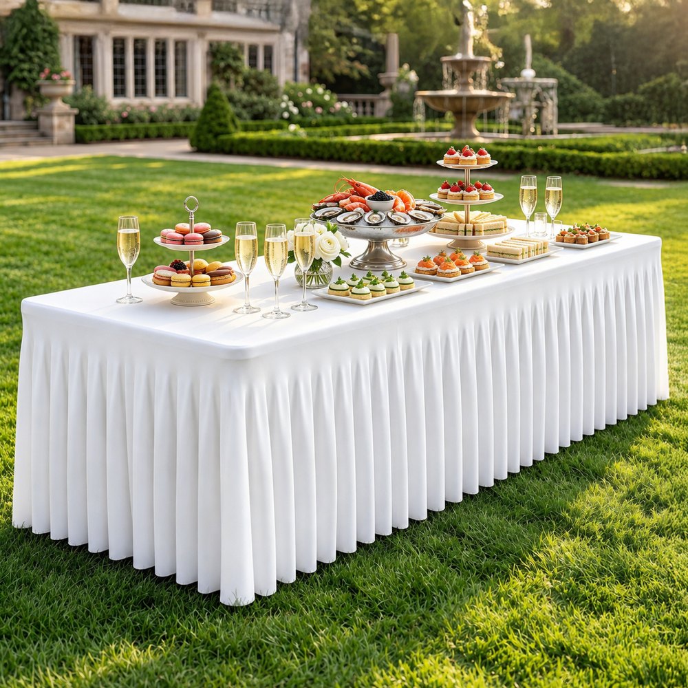 VEVOR Spandex Tablecloth with Skirt, 8 ft Rectangular Covers, 6 Pack, White, for Party Wedding Banquet Festival, Washable, Reusable, One-Piece, Tight, Fitted Table Cloth with Pleated Skirt