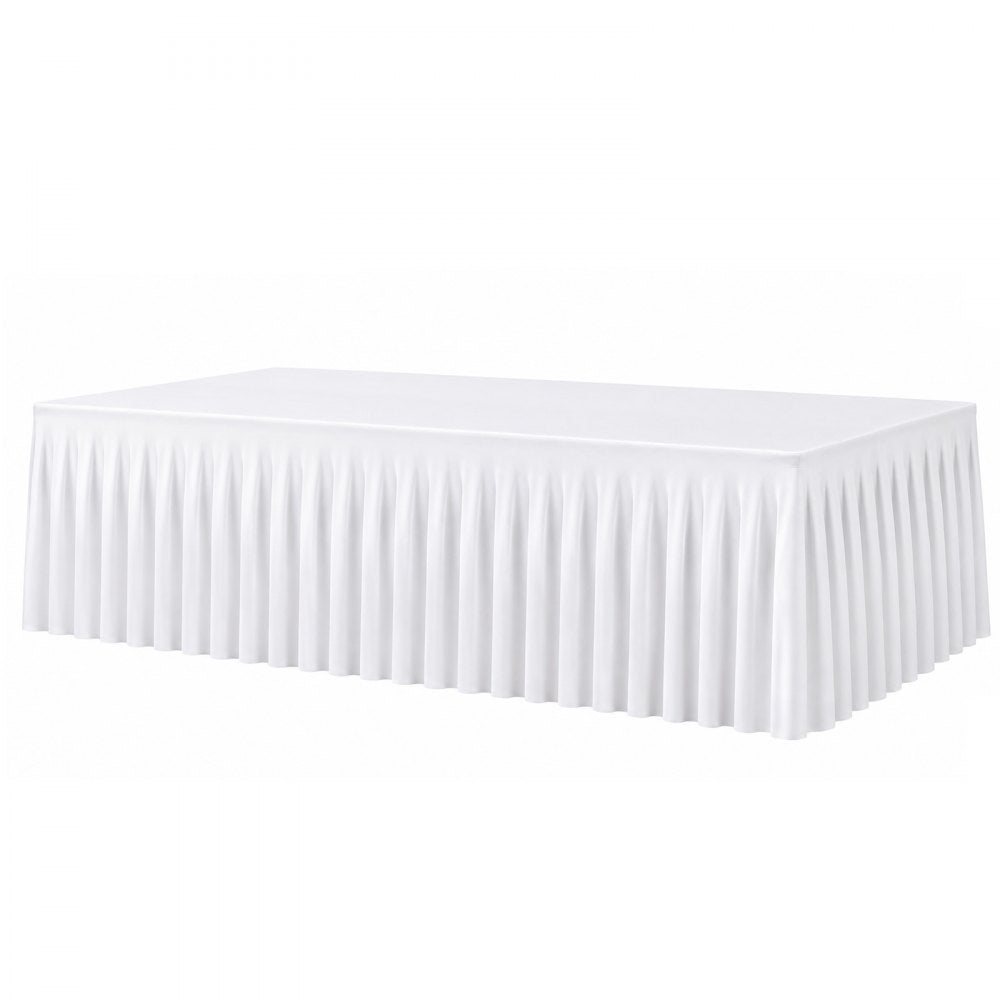 VEVOR Spandex Tablecloth with Skirt, 8 ft Rectangular Covers, 6 Pack, White, for Party Wedding Banquet Festival, Washable, Reusable, One-Piece, Tight, Fitted Table Cloth with Pleated Skirt
