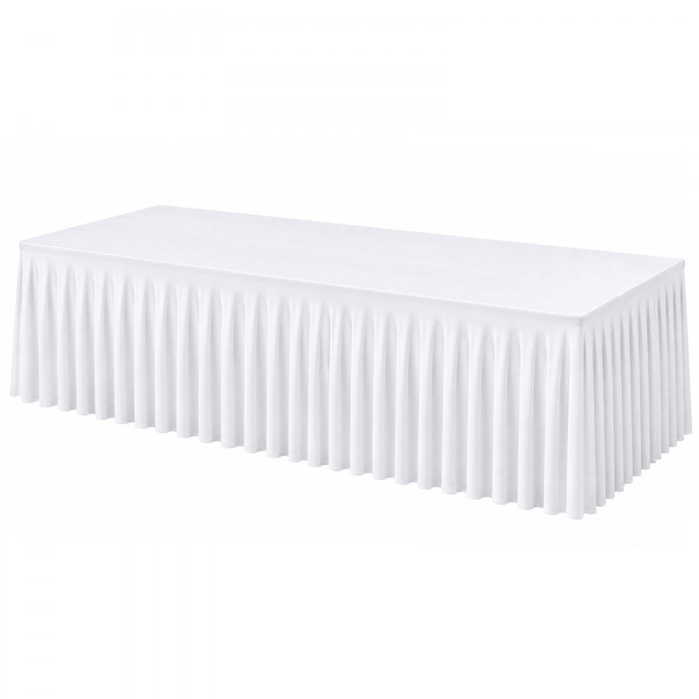VEVOR Spandex Tablecloth with Skirt, 8 ft Rectangular Covers, 6 Pack, White, for Party Wedding Banquet Festival, Washable, Reusable, One-Piece, Tight, Fitted Table Cloth with Pleated Skirt
