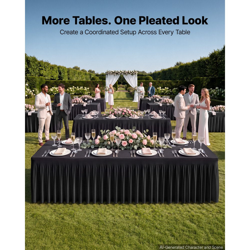 VEVOR Spandex Tablecloth with Skirt, 8 ft Rectangular Covers, 6 Pack, Black, for Party Wedding Banquet Festival, Washable, Reusable, One-Piece, Tight, Fitted Table Cloth with Pleated Skirt
