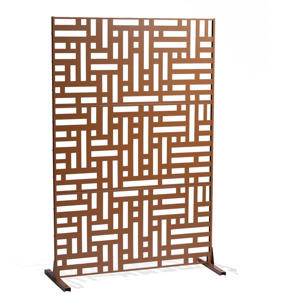 VEVOR Metal Privacy Screen, 36" W x 72" H, Outdoor Privacy Screens & Panels, Freestanding Outdoor Divider with Stand, 3-Panel Decorative Garden Steel Privacy Fence for Balcony Patio Indoor Room Brown