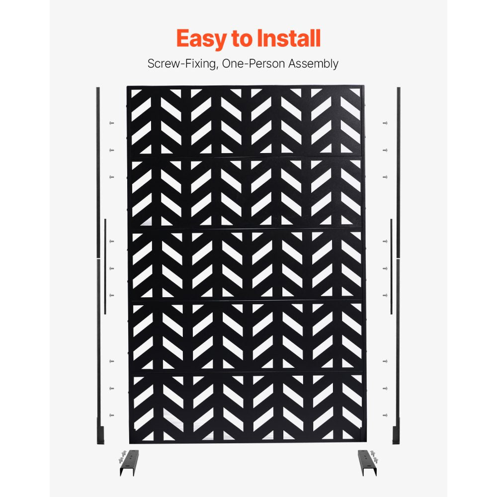 VEVOR Metal Privacy Screen, 47" W x 72" H, Outdoor Privacy Screens 5-Panel, Freestanding Outdoor Divider with Stand, Decorative Garden Steel Privacy Fence for Balcony Patio Indoor Room Black