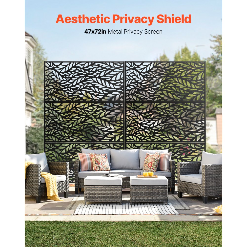 VEVOR Metal Privacy Screen, 47" W x 72" H, Outdoor Privacy Screens & Panels, Freestanding Outdoor Divider with Stand, 3-Panel Decorative Garden Steel Privacy Fence for Balcony Patio Indoor Room Black