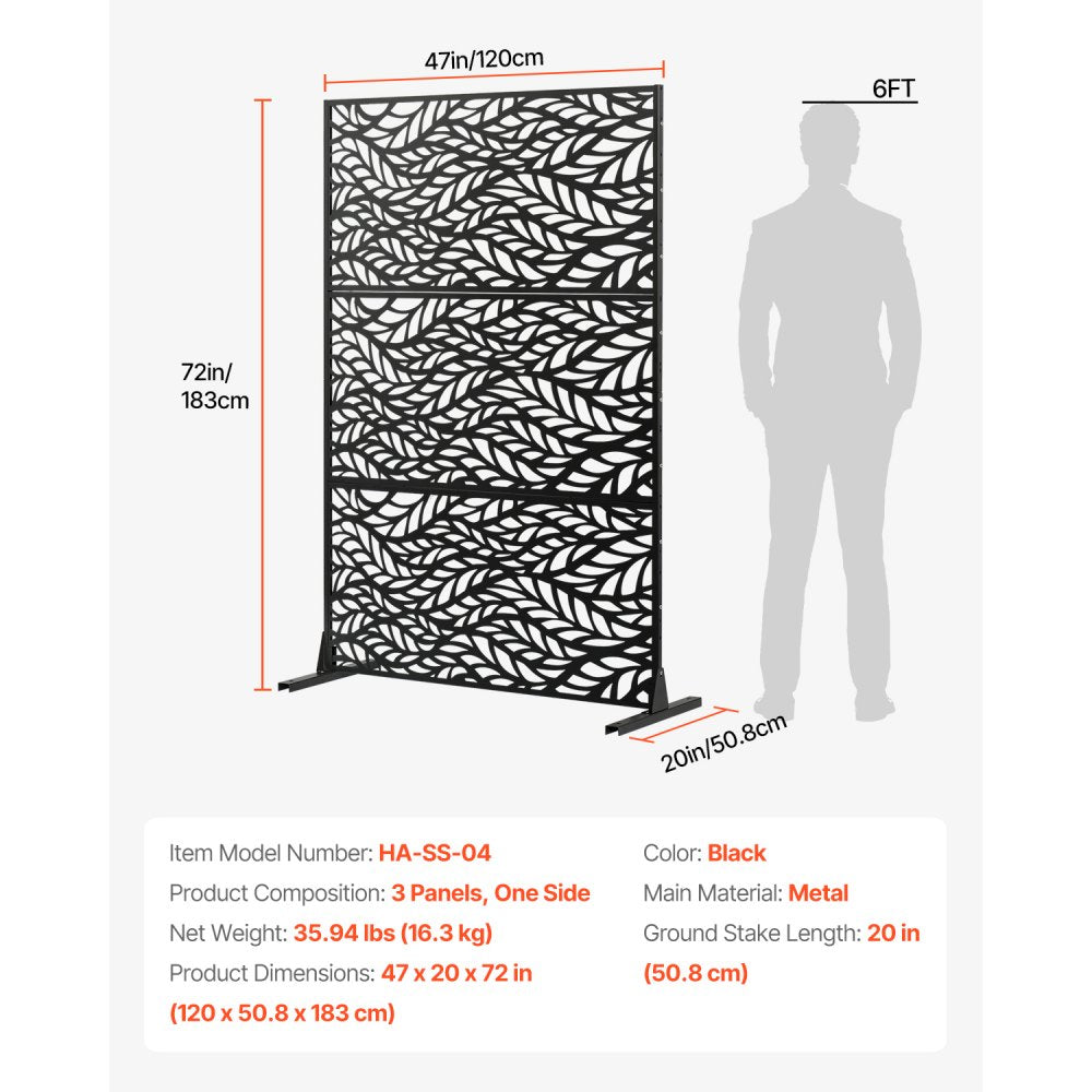 VEVOR Metal Privacy Screen, 47" W x 72" H, Outdoor Privacy Screens & Panels, Freestanding Outdoor Divider with Stand, 3-Panel Decorative Garden Steel Privacy Fence for Balcony Patio Indoor Room Black