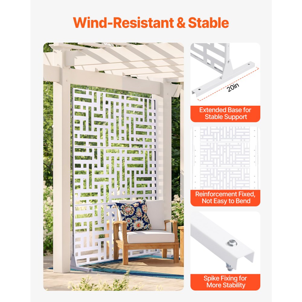 VEVOR Metal Privacy Screen, 47" W x 76" H Outdoor Privacy Screens 3-Panel, Freestanding Outdoor Divider with Stand, Decorative Garden Steel Privacy Fence for Balcony Patio Indoor Room Hot Tub White