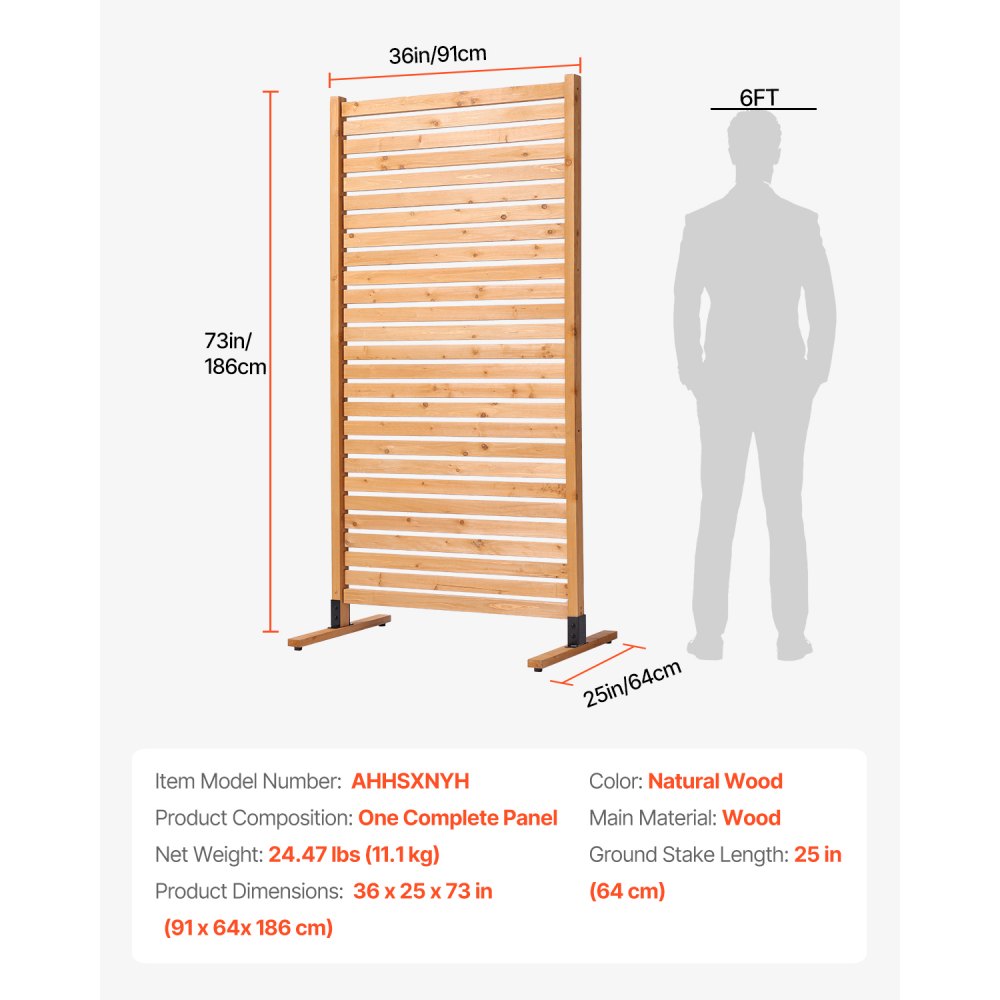 VEVOR Wooden Privacy Screen, 36" W x 76" H Outdoor Privacy Screen, Freestanding Wood Privacy Panel with Stand, Decorative Patio Privacy Screen, Outdoor Divider for Balcony Patio Lawn Garden