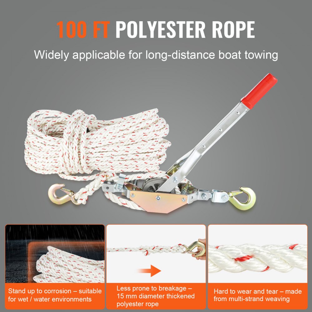 VEVOR Rope Puller, 3/4 Ton (1,653 lbs) Pulling Capacity, with 100' of 0.6" dia. Rope, 2 Hook, Come Along Winch, Heavy Duty Ratchet Power Puller Tool for Moving Boats, Securing Items, Transporting Logs