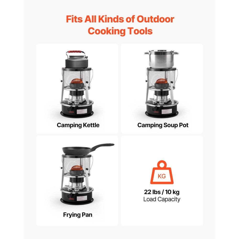 VEVOR 9000 BTU Portable Kerosene Heater & Stove, 2 in 1 Non-Electric Indoor Outdoor Heater with Adjustable Height & Flame & Easy Storage,for Camping, Hunting, Cooking, Home, Garage, Black