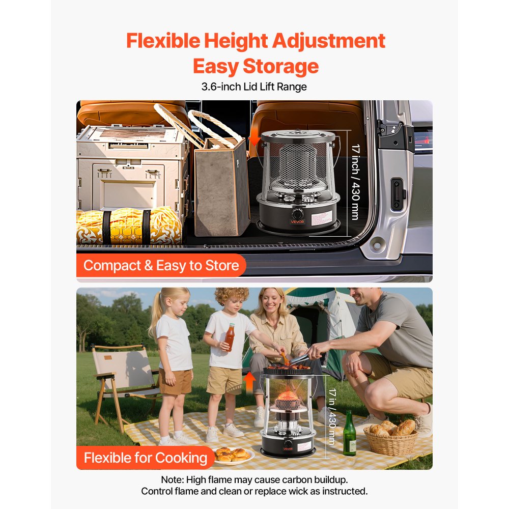 VEVOR 9000 BTU Portable Kerosene Heater & Stove, 2 in 1 Non-Electric Indoor Outdoor Heater with Adjustable Height & Flame & Easy Storage,for Camping, Hunting, Cooking, Home, Garage, Black