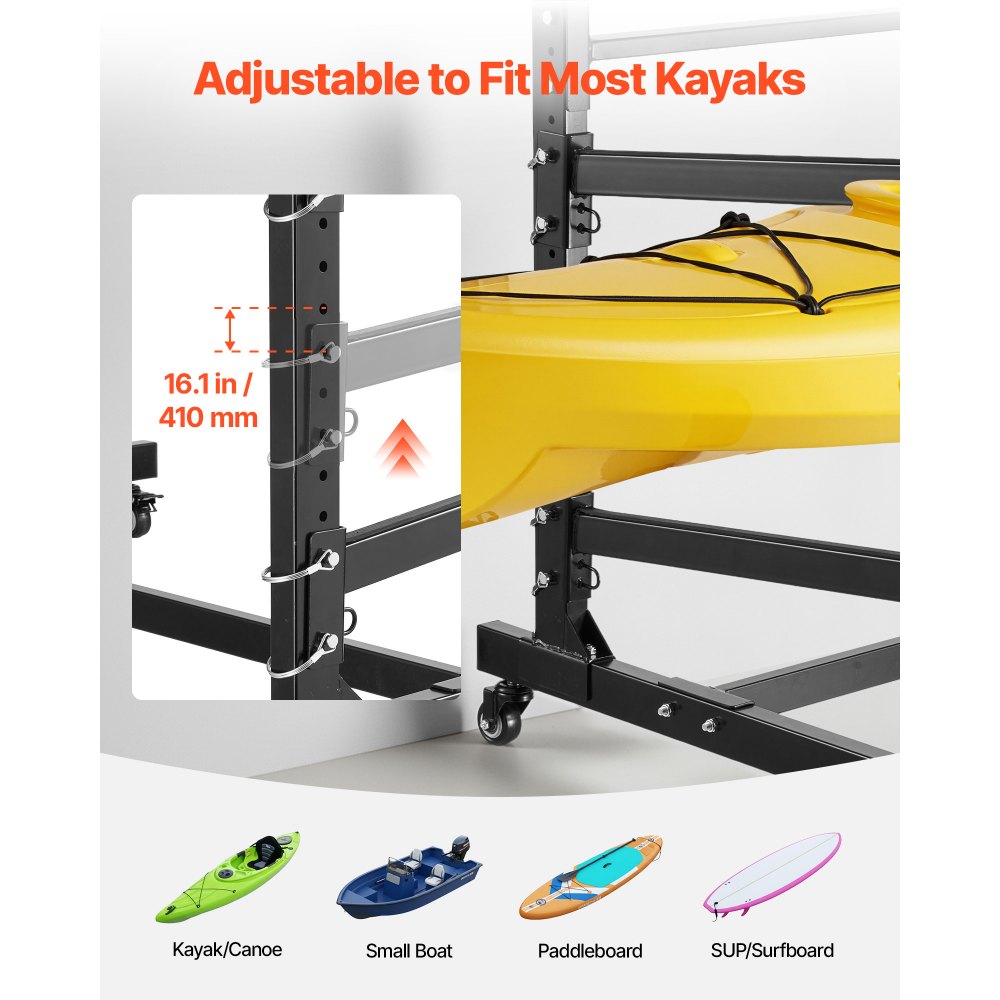 VEVOR Kayak Storage Rack for 3 Kayaks, Holds 200 lbs, Heavy Duty Adjustable Freestanding Stand with Lockable Wheels for Indoor Outdoor Garage Shed Dock, Holder for Canoe, SUP, Surfboard & Paddleboard