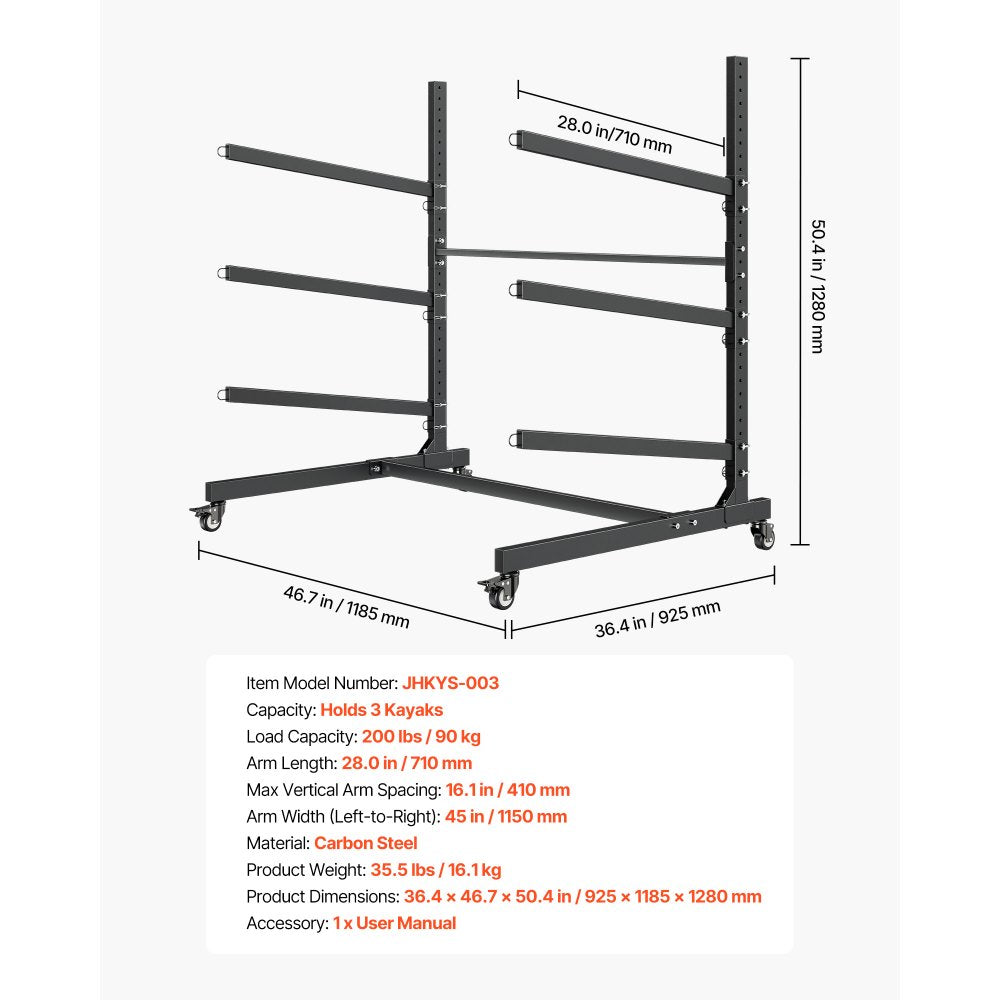 VEVOR Kayak Storage Rack for 3 Kayaks, Holds 200 lbs, Heavy Duty Adjustable Freestanding Stand with Lockable Wheels for Indoor Outdoor Garage Shed Dock, Holder for Canoe, SUP, Surfboard & Paddleboard