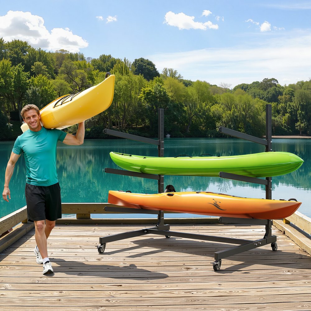 VEVOR Kayak Storage Rack for 3 Kayaks, Holds 200 lbs, Heavy Duty Adjustable Freestanding Stand with Lockable Wheels for Indoor Outdoor Garage Shed Dock, Holder for Canoe, SUP, Surfboard & Paddleboard