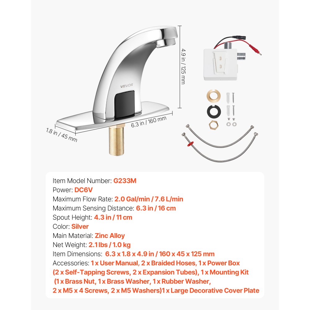 VEVOR Touchless Bathroom Sink Faucet, Automatic Motion Sensor Restroom Toilet Faucet Cold Water with Hole Cover Plate, Battery Operated for 9/16 in Pipe Commercial Lavatory,Chrome Plated Silver,G233M
