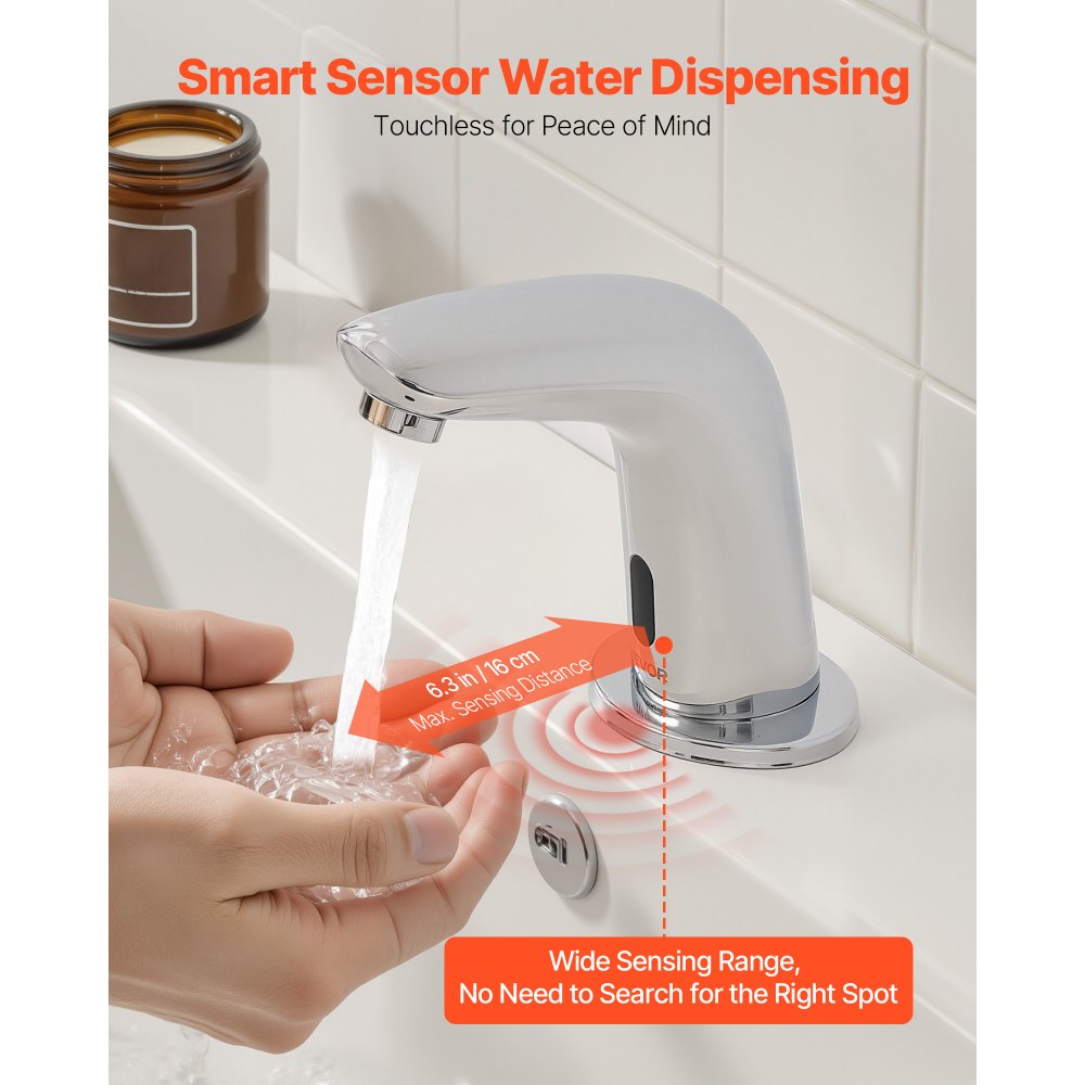 VEVOR Touchless Bathroom Sink Faucet, Automatic Motion Sensor Restroom Toilet Faucet Cold Water with Hole Cover Plate, Battery Operated for 9/16 in Pipe Commercial Lavatory,Chrome Plated Silver G112M