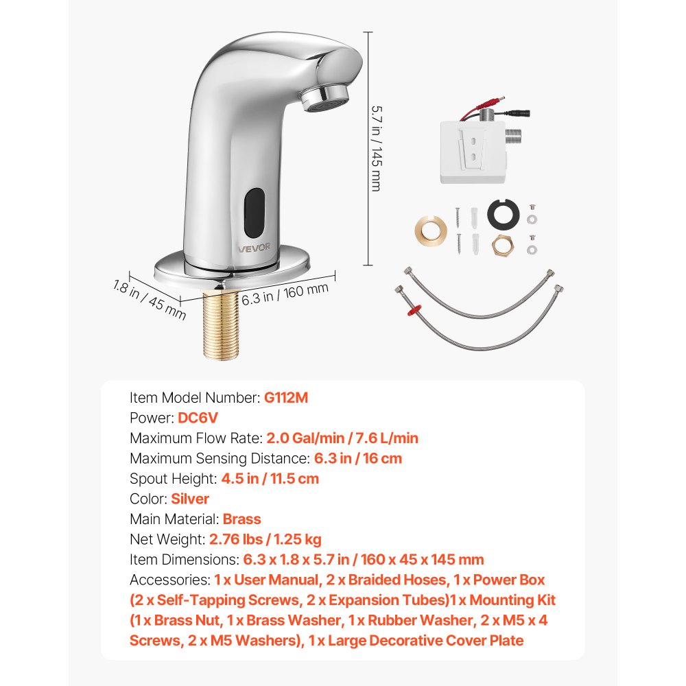 VEVOR Touchless Bathroom Sink Faucet, Automatic Motion Sensor Restroom Toilet Faucet Cold Water with Hole Cover Plate, Battery Operated for 9/16 in Pipe Commercial Lavatory,Chrome Plated Silver G112M