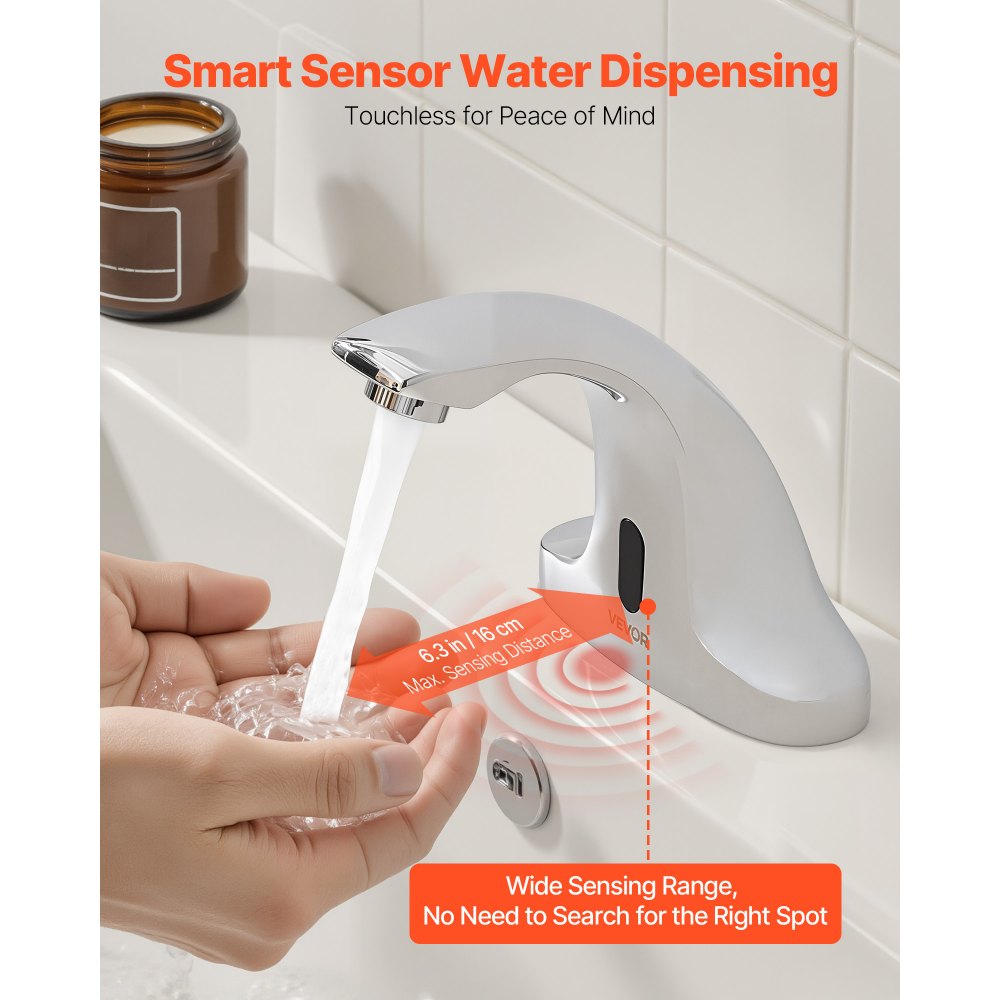 VEVOR Touchless Bathroom Sink Faucet, Automatic Motion Sensor Restroom Toilet Faucet Cold Water with Hole Cover Plate, Battery Operated for 9/16 in Pipe Commercial Lavatory,Chrome Plated Silver