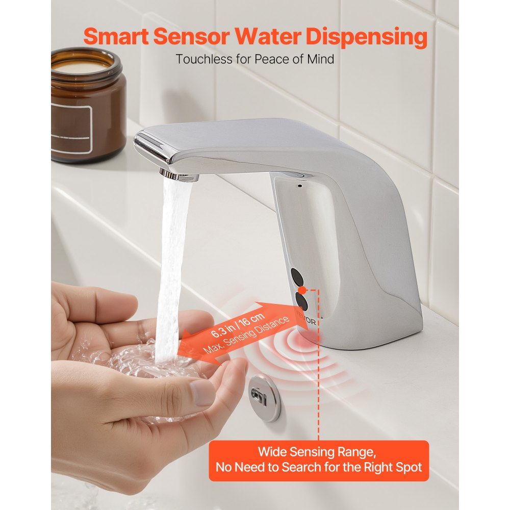 VEVOR Touchless Bathroom Sink Faucet, Automatic Motion Sensor Restroom Toilet Faucet Cold Water with Single Hole, Battery Operated for 9/16 in Pipe Commercial Lavatory,Chrome Plated Silver