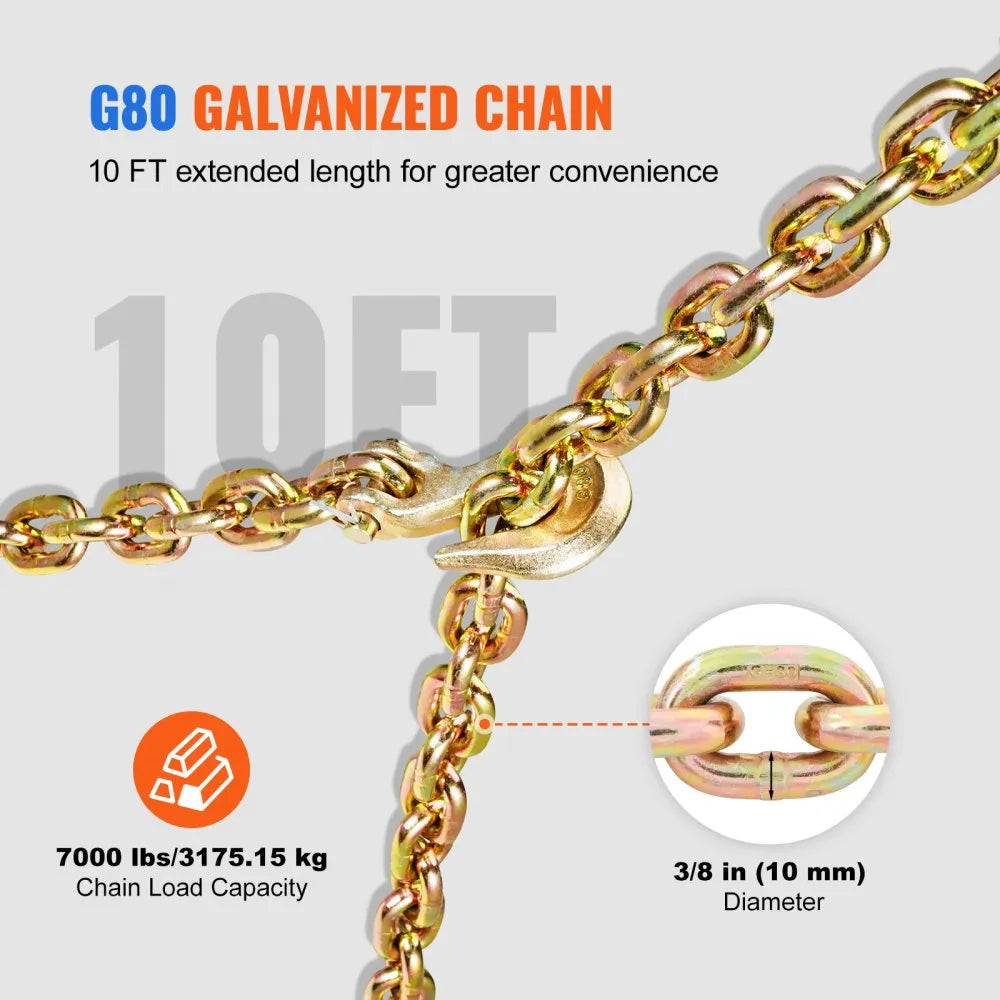 VEVOR Chain and Binder Kit, 3/8"-1/2" Ratchet Load Binders 9200 lbs Working Load Limit, 3/8" x 10' G80 Chains with Grab Hooks, Ratchet Binders and Chains for Truck, Tie Down, Hauling, Towing, 2 Set