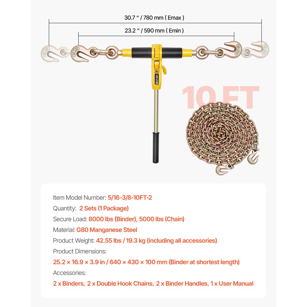 VEVOR Ratchet Chain Binder, 5/16 in x 10 ft G80 Chains, 8000 lbs Working Load of Ratchet Load Binder, Chains and Binders Set, Tie Down Hauling Chain Binders for Hauling, Towing, Logging, Lifting