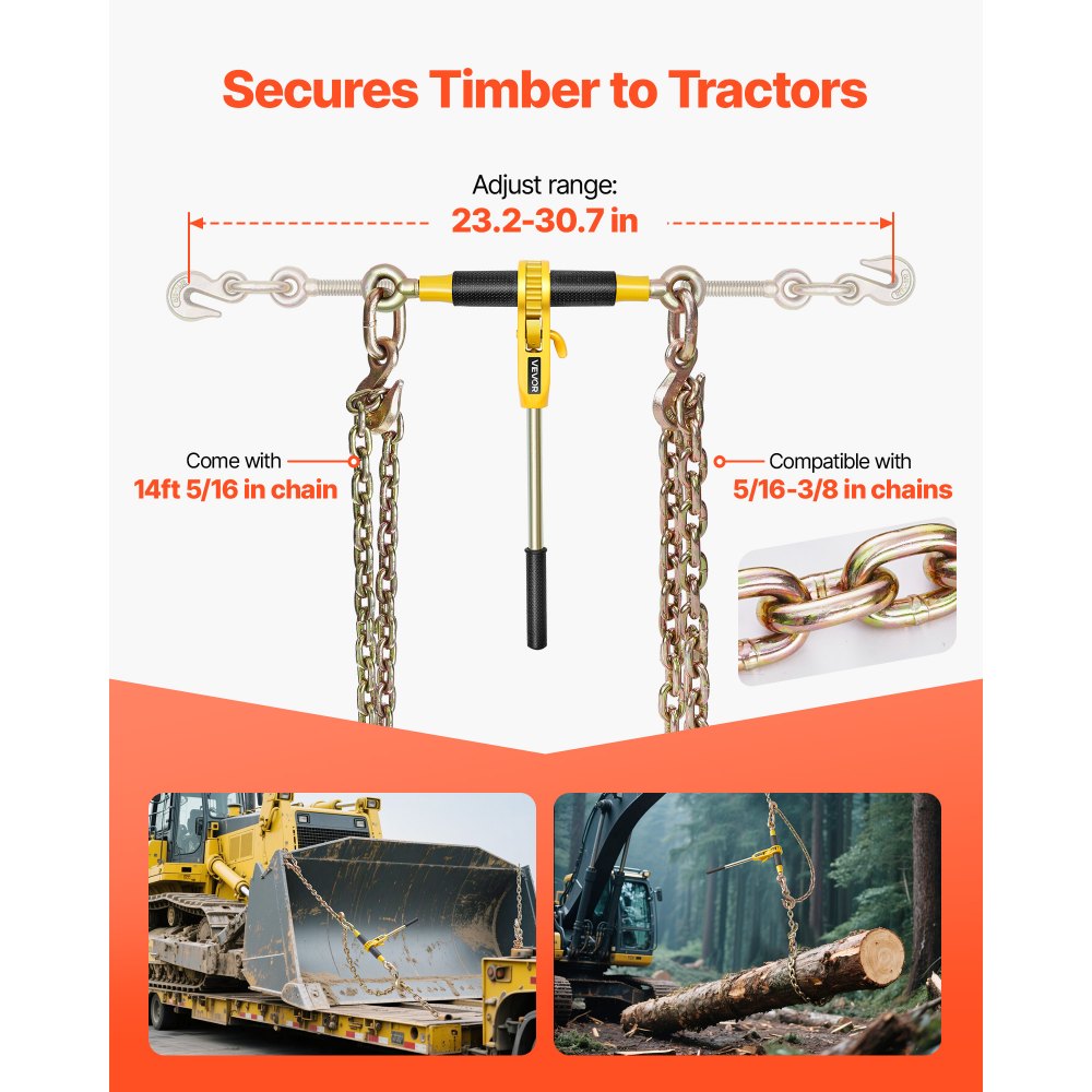 VEVOR Ratchet Chain Binder, 5/16 in x 12.8 ft G80 Chains, 8000 lbs Working Load of Ratchet Load Binder, Chains and Binders Set, Tie Down Hauling Chain Binders for Hauling, Towing, Logging (2 Sets)