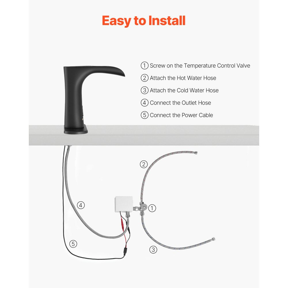 VEVOR Touchless Bathroom Sink Faucet, Automatic Motion Sensor Waterfall Restroom Toilet Faucet with Hole Cover Plate, Modern Electronic Sensor Hot/Cold Water for 9/16 in Pipe Commercial,Matte Black