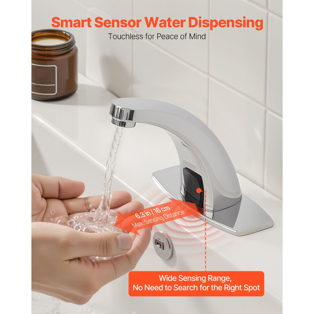 VEVOR Touchless Bathroom Sink Faucet, Automatic Motion Sensor Restroom Toilet Faucet with Hole Cover Plate, Battery Operated,Hot/Cold Water for 9/16 in Pipe Commercial Lavatory,Chrome Plated Silver